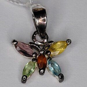 Sterling Silver 925 Butterfly Pendant With Multicolor Gemstones